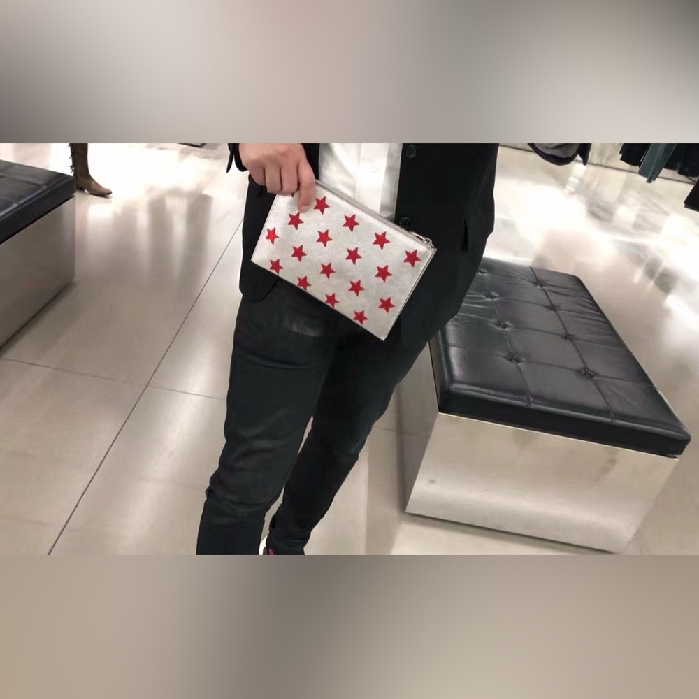 authentic YSL Saint Laurent iPad mini Rider zip Pouch with star patches NWT - Picture 10 of 12